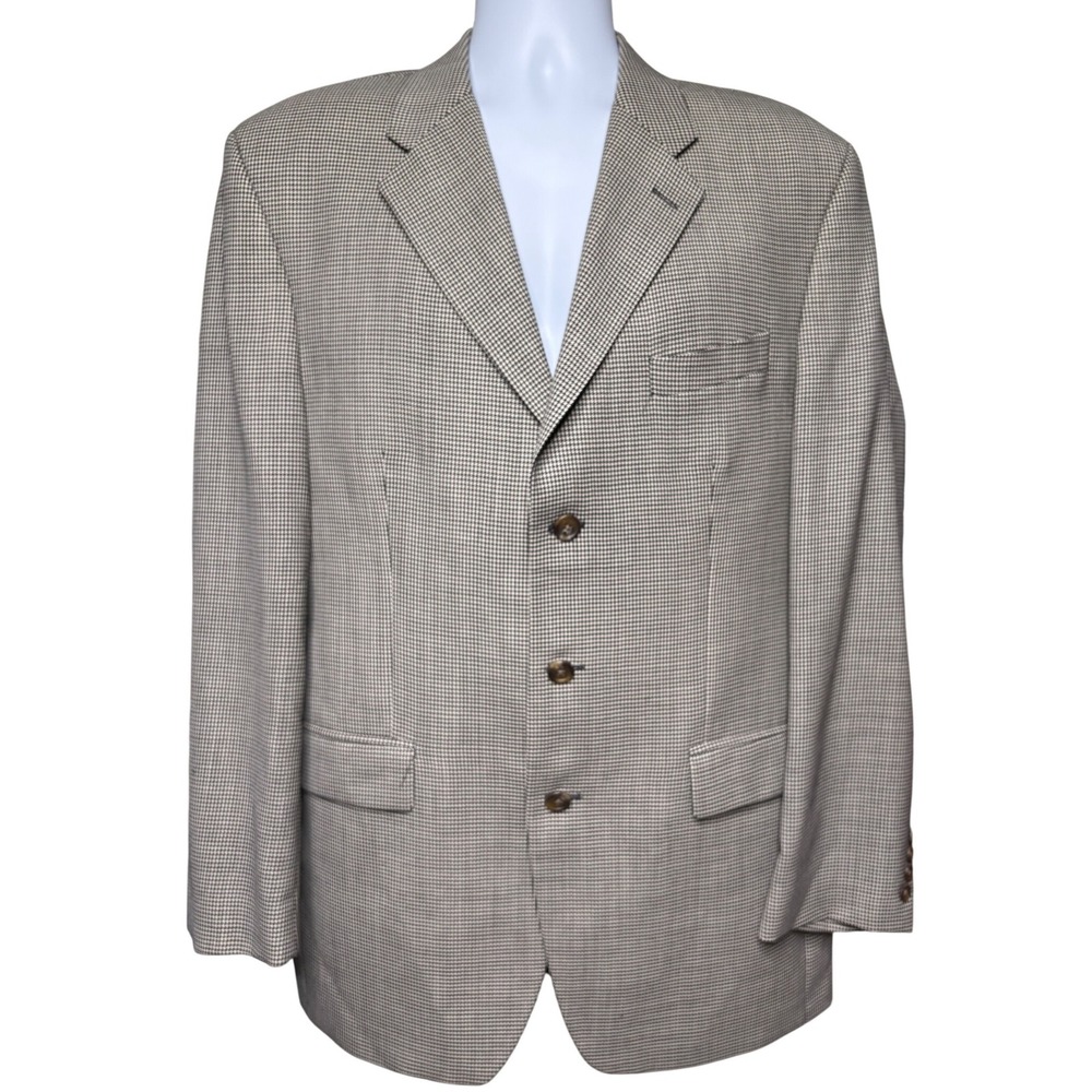 VTG POLO UNIVERSITY x RALPH LAUREN Mens Tan Houndstooth Wool Blazer 44R Academia